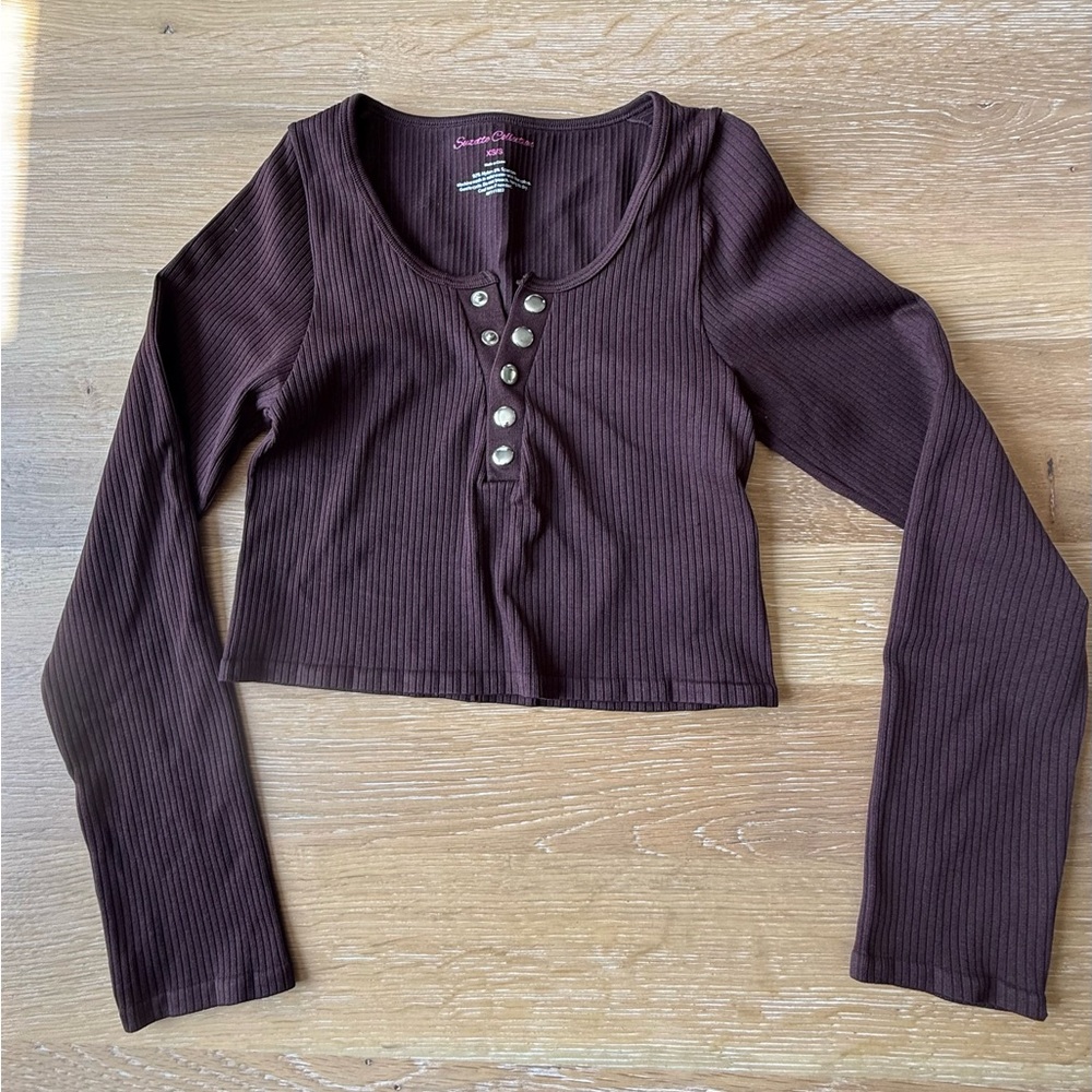 Women's Ribbed Long Sleeve Top - Dark Brown